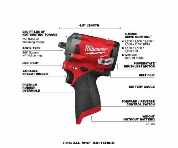 2554-20-2485-20-48-59-2440 M12 FUEL 12V Lithium-Ion Brushless Cordless Stubby 3/8 in. Impact Wrench and 1/4 in. Die Grinder Kit (2-Tool) - Image 3