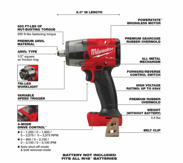 2962-20-2880-20 M18 FUEL Gen-2 18V Lithium-Ion Brushless Cordless Mid Torque 1/2 in. Impact Wrench with Friction Ring with Grinder - Image 3