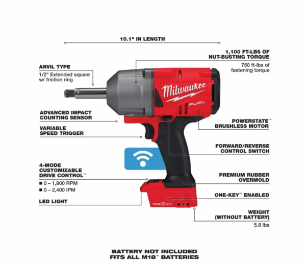 2769-20 M18 ONE-KEY FUEL 18V Lithium-Ion Brushless Cordless 1/2 in. Impact Wrench with Extended Anvil (Tool-Only) - Image 3