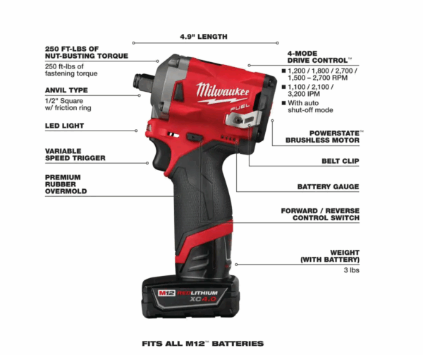 2555-22-48-11-2460 M12 FUEL 12V Lithium-Ion Brushless Cordless Stubby 1/2 in. Impact Wrench Kit with 6.0Ah Battery - Image 3