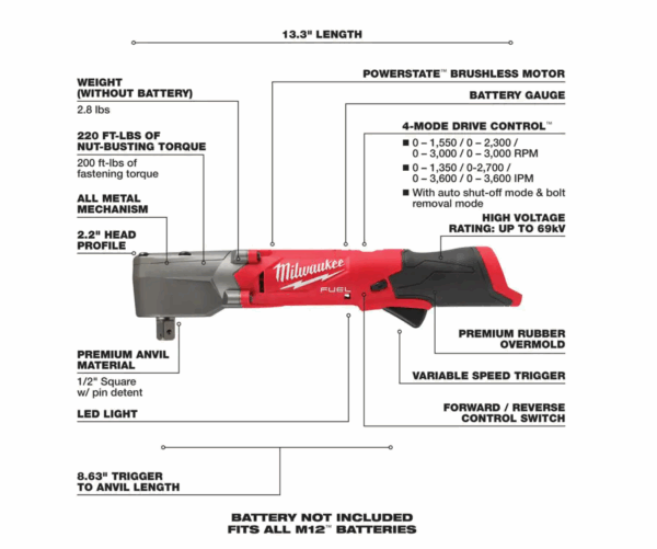 2565P-20-2132-20 M12 FUEL 12V Lithium-Ion Brushless Cordless 1/2 in. Right Angle Impact Wrench with M12 Rocket Stand Light - Image 3