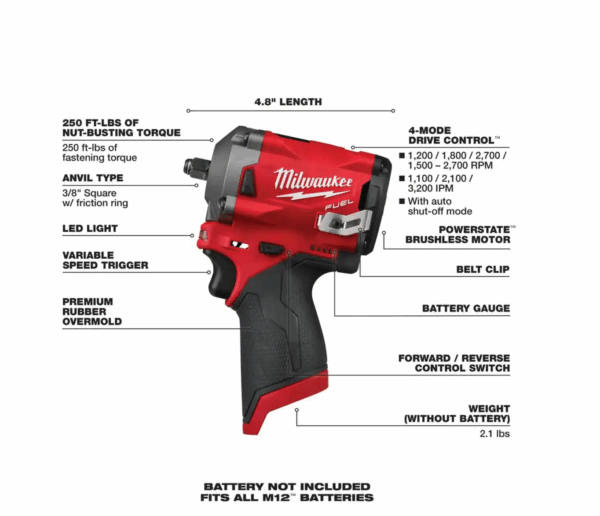 2554-20-2367-20 M12 FUEL 12V Lithium-Ion Brushless Cordless Stubby 3/8 in. Impact Wrench with M12 Rover Flood Light - Image 3