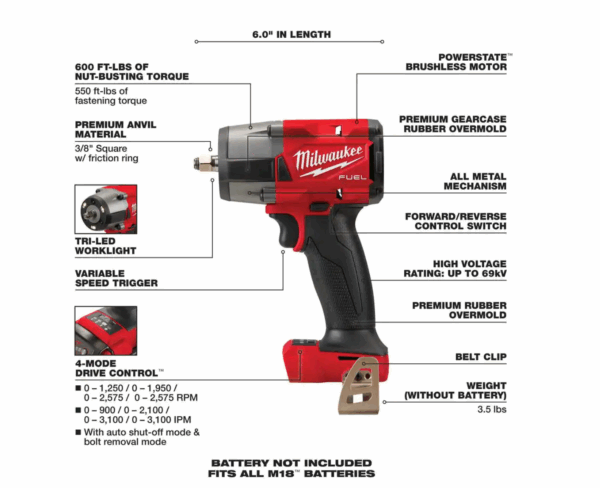 2960-20-49-16-2960 M18 FUEL 18V Lithium-Ion Mid Torque Brushless Cordless 3/8 in. Impact Wrench with Friction Ring, Protective Boot - Image 3