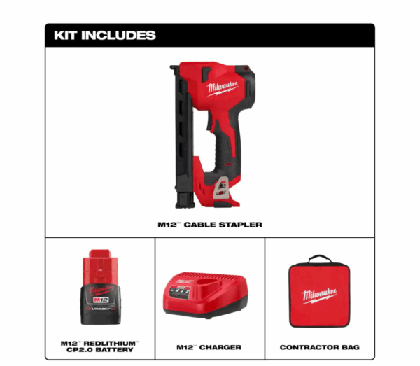2448-21 M12 12-Volt Lithium-Ion Cordless Cable Stapler Nailer Kit with 2.0Ah Battery, Charger and Bag - Image 3