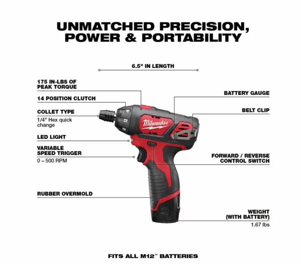 2482-22 M12 12-Volt Lithium-Ion Cordless 1/4 in. Hex Screwdriver/LED Worklight Kit with (2) 1.5Ah Batteries,Bit Set   Bag - Image 3