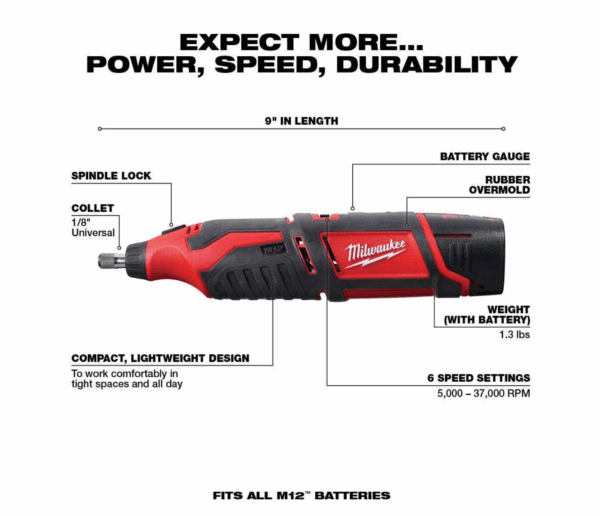 2407-22-2460-20-48-11-2460 M12 12V Lithium-Ion Cordless 3/8 in. Drill/Driver Kit with M12 Rotary Tool and 6.0 Ah XC Battery Pack - Image 3
