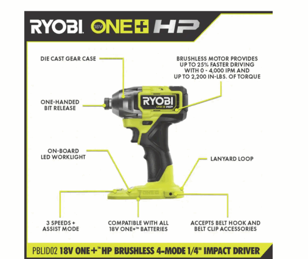 PBLID02B ONE+ HP 18V Brushless Cordless 1/4 in. 4-Mode Impact Driver (Tool Only) - Image 3
