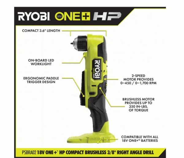 PSBRA02K ONE+ HP 18V Brushless Cordless Compact 3/8 in. Right Angle Drill Kit with (1) 1.5 Ah Battery and 18V Charger - Image 3