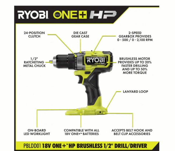 PBLDD01B ONE+ HP 18V Brushless Cordless 1/2 in. Drill/Driver (Tool Only) - Image 3