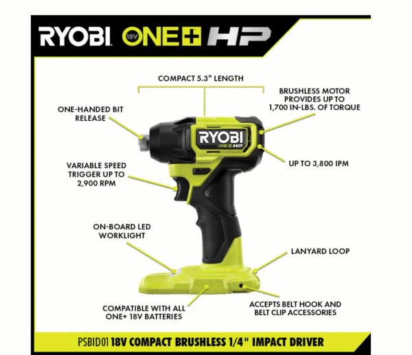 PSBID01K-PSBRS01B ONE+ HP 18V Brushless Cordless Compact 1/4 in. Impact Driver and One-Handed Recip Saw Kit with (2) Batteries, Charger - Image 3