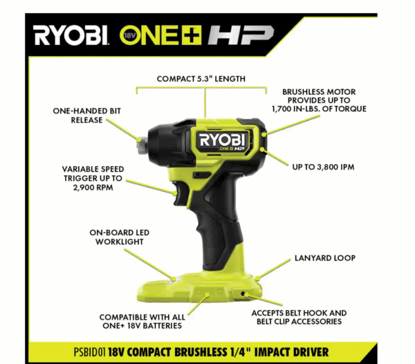 PSBID01K-PSBIW01B ONE+ HP 18V Brushless Cordless Compact 1/4 in. Impact Driver, 3/8 in. Impact Wrench, (2) Batteries, Charger, and Bag - Image 3