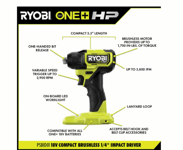 PSBID01K-PSBCS02B ONE+ HP 18V Brushless Cordless Compact 1/4 in. Impact Driver and Cut-Off Tool, (2) 1.5 Ah Batteries, Charger, and Bag - Image 3
