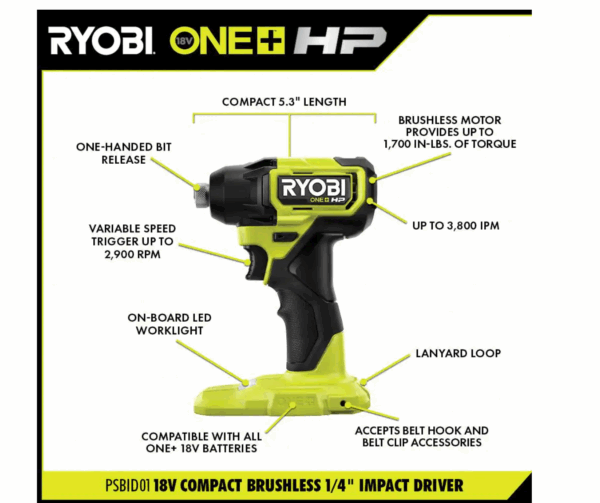 PSBID01K-PSBRA02B ONE+ HP 18V Brushless Cordless Compact 1/4 in. Impact Driver and 3/8 in. Right Angle Drill with (2) Batteries, Charger - Image 3