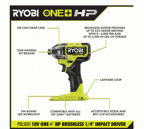 PBLID01B-PSK005 ONE+ HP 18V Brushless Cordless 1/4 in. Impact Driver with 2.0 Ah Battery and Charger - Image 3