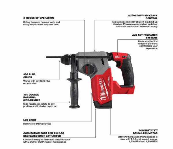 2912-20 M18 FUEL 18V Lithium-Ion Brushless Cordless 1 in. SDS-Plus Rotary Hammer (Tool-Only) - Image 3