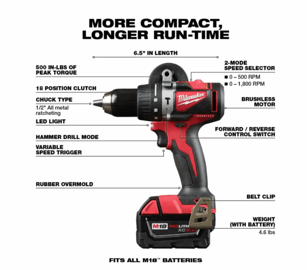 2902-22 M18 18-Volt Lithium-Ion Brushless Cordless 1/2 in. Compact Hammer Drill/Driver Kit w/Two 4.0Ah Batteries and Hard Case - Image 3