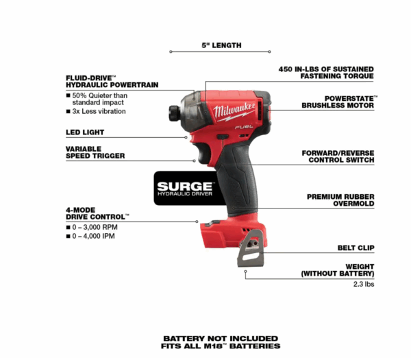 2760-20 M18 FUEL SURGE 18V Lithium-Ion Brushless Cordless 1/4 in. Hex Impact Driver (Tool-Only) - Image 3