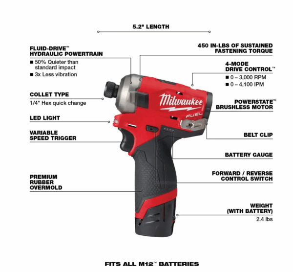 2551-22-2457-20 M12 FUEL SURGE 12V Lithium-Ion Brushless Cordless 1/4 in. Hex Impact Driver Compact Kit w/ M12 3/8 in. Ratchet - Image 3