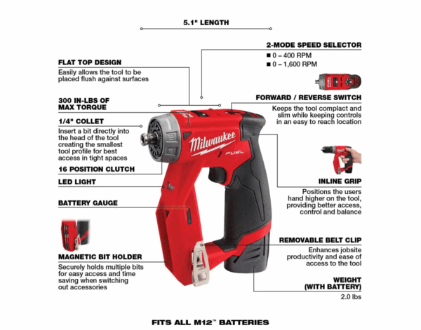 2505-22-48-11-2460 M12 FUEL 12-Volt Lithium-Ion Brushless Cordless 4-in-1 Interchangeable 3/8 in. Drill Driver Kit with 6.0 Ah Battery - Image 3