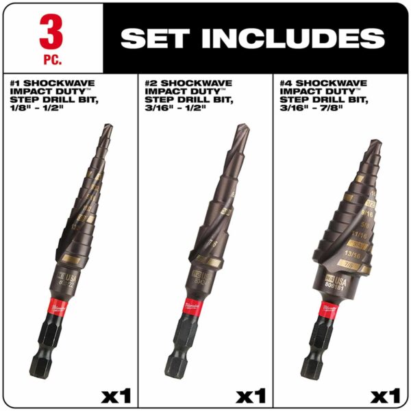 MILWAUKEE 48-89-9254 SHOCKWAVE Impact Duty Step Bit 3 Piece Set (#1, #2, #4) - Image 6