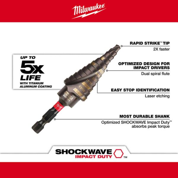 MILWAUKEE 48-89-9254 SHOCKWAVE Impact Duty Step Bit 3 Piece Set (#1, #2, #4) - Image 5