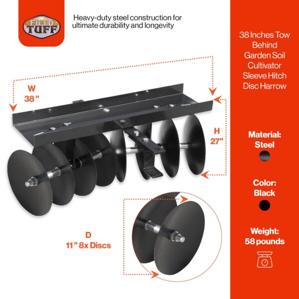 39 Inch Tow Behind Garden Soil Cultivator Sleeve Hitch Disc Harrow - Image 2