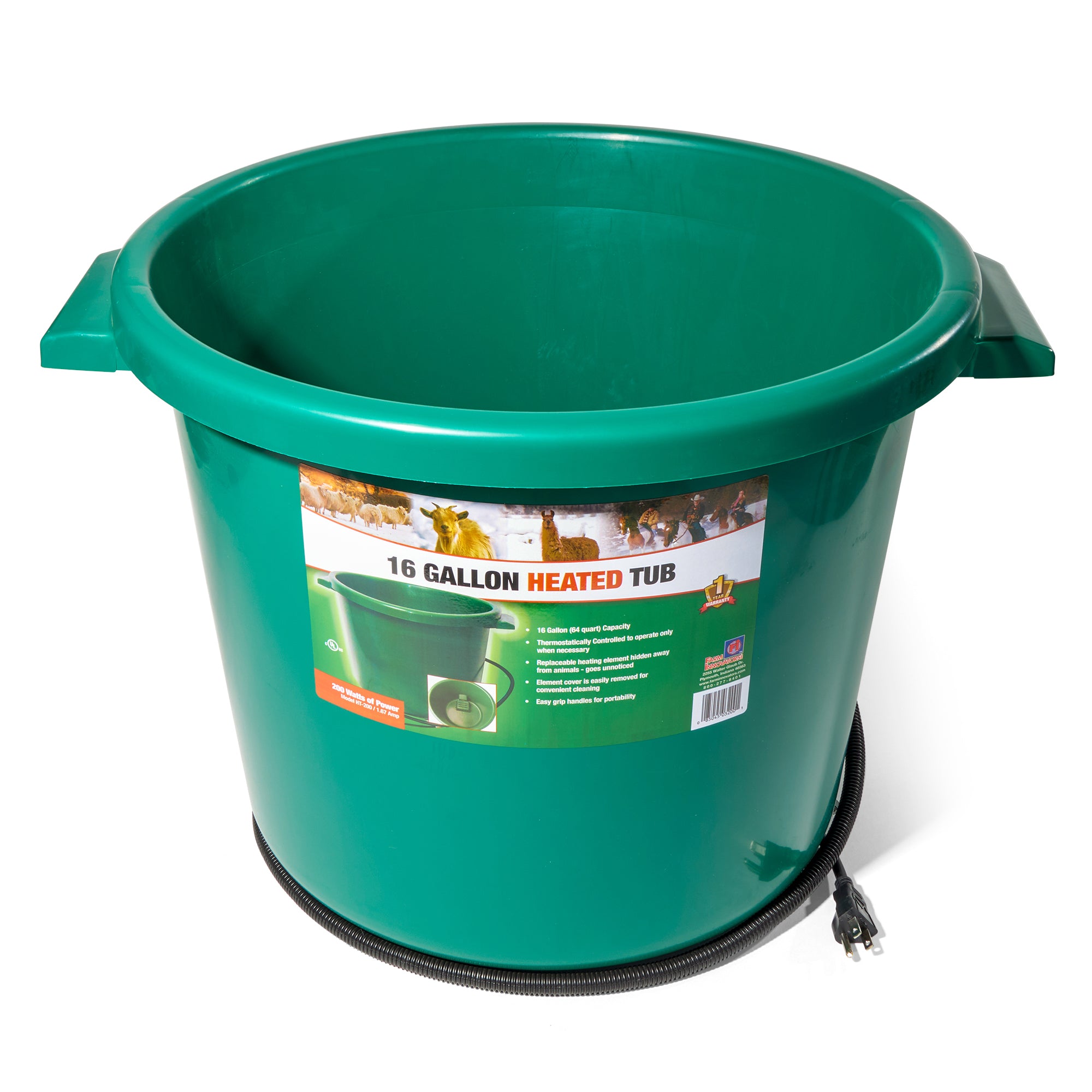 HT-200 16 Gallon Plastic Heated Animal Water Bucket Tub, Green