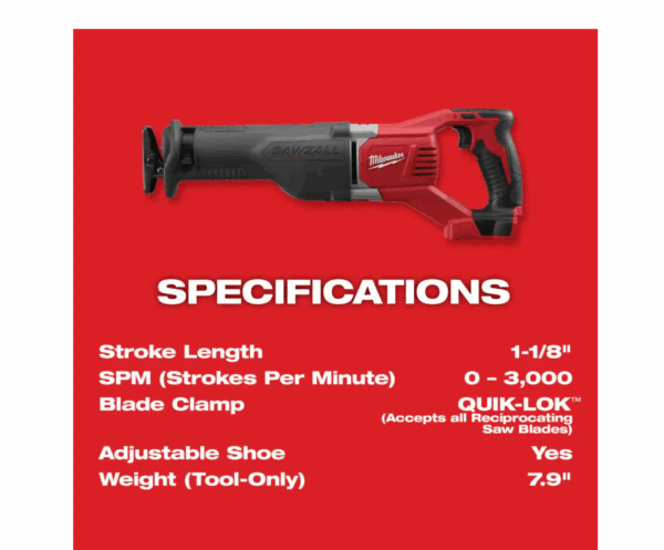 2621-21 M18 18V Lithium-Ion Cordless SAWZALL Reciprocating Saw W/(1) 3.0Ah Batteries, Charger, Hard Case - Image 4