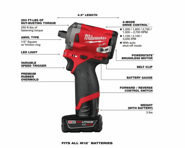 2555-22 M12 FUEL 12V Lithium-Ion Brushless Cordless Stubby 1/2 in. Impact Wrench Kit with One 4.0 and One 2.0Ah Batteries - Image 4