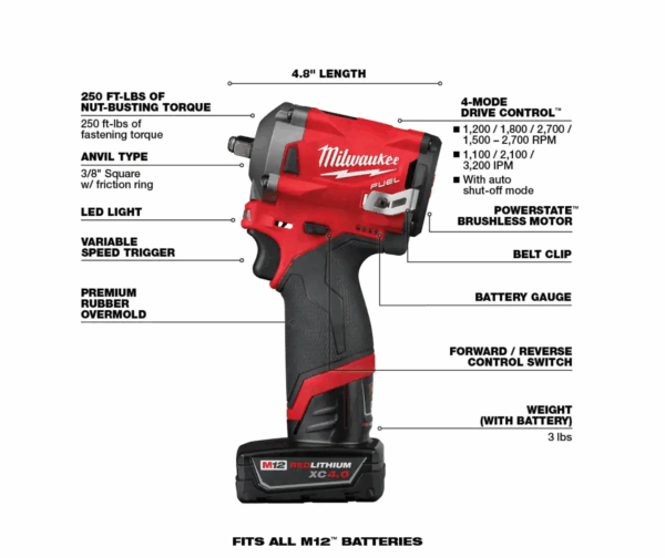 2554-22 M12 FUEL 12V Lithium-Ion Brushless Cordless Stubby 3/8 in. Impact Wrench Kit with One 4.0 and One 2.0Ah Batteries - Image 4