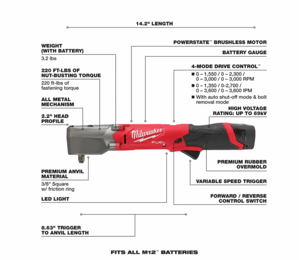 2564-22 M12 FUEL 12V Lithium-Ion Brushless Cordless 3/8 in. Right Angle Impact Wrench Kit with Two 2.0 Ah Batteries - Image 4