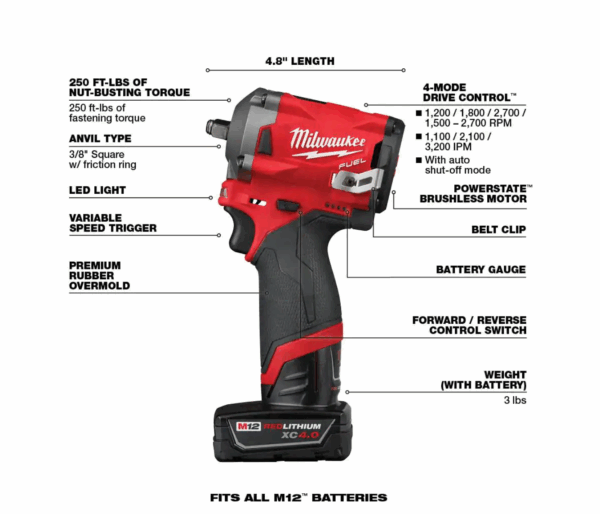 2554-22-48-11-2440 M12 FUEL 12V Lithium-Ion Brushless Cordless Stubby 3/8 in. Impact Wrench Kit With M12 4.0Ah Battery - Image 4