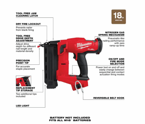 2746-20 M18 FUEL 18-Volt Lithium-Ion Brushless Cordless Gen II 18-Gauge Brad Nailer (Tool-Only) - Image 4