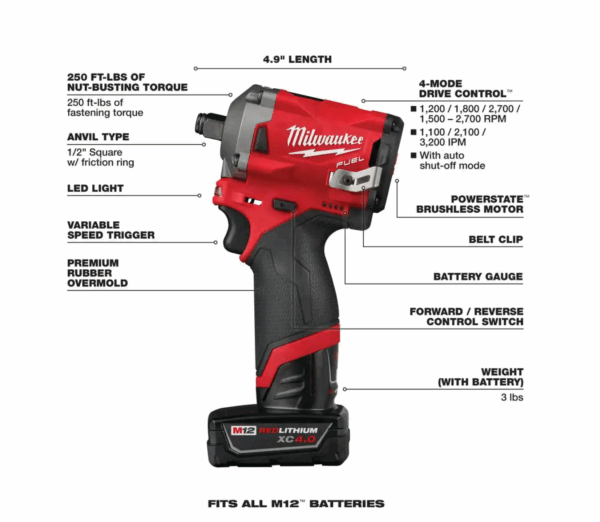 2555-22-49-66-7011 M12 FUEL 12V Cordless Brushless Stubby 1/2 in. Impact Wrench Kit with 1/2 in. Drive SAE Deep Socket Set (12-Piece) - Image 4