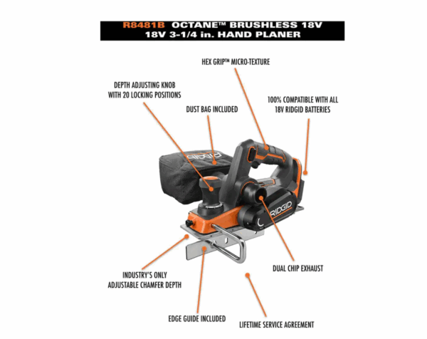 R86065KSBN-R8481B 18V Brushless Cordless 3 in. x 18 in. Belt Sander Kit w/ 2.0 Ah Battery   Charger w/ 3-1/4 in. Hand Planer with Dust Bag - Image 4
