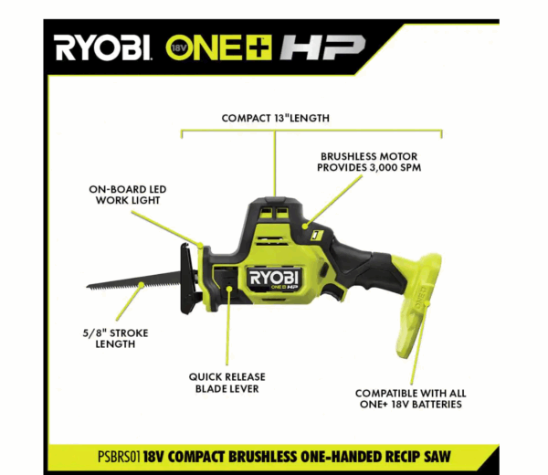 PSBID01K-PSBRS01B ONE+ HP 18V Brushless Cordless Compact 1/4 in. Impact Driver and One-Handed Recip Saw Kit with (2) Batteries, Charger - Image 4