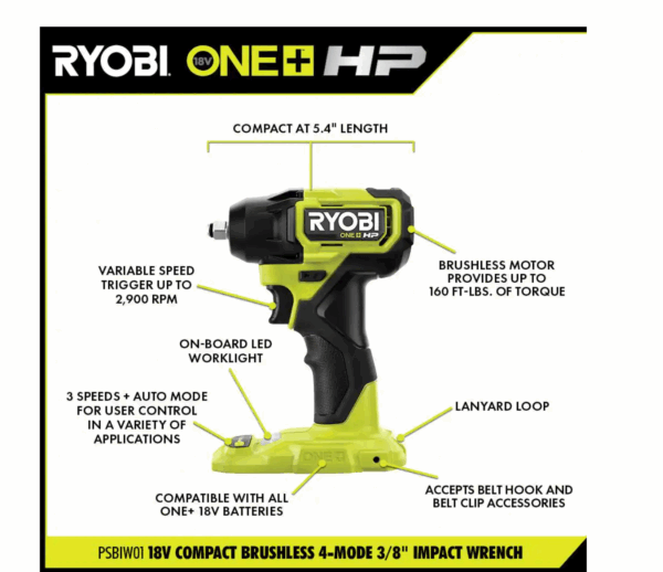 PSBID01K-PSBIW01B ONE+ HP 18V Brushless Cordless Compact 1/4 in. Impact Driver, 3/8 in. Impact Wrench, (2) Batteries, Charger, and Bag - Image 4
