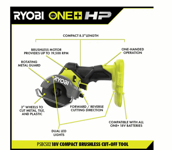 PSBID01K-PSBCS02B ONE+ HP 18V Brushless Cordless Compact 1/4 in. Impact Driver and Cut-Off Tool, (2) 1.5 Ah Batteries, Charger, and Bag - Image 4
