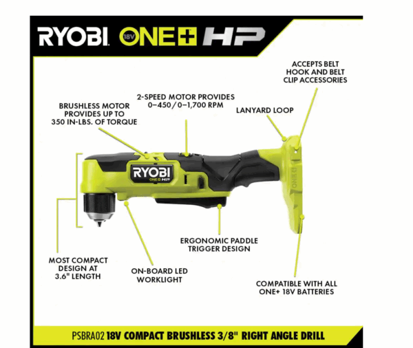 PSBID01K-PSBRA02B ONE+ HP 18V Brushless Cordless Compact 1/4 in. Impact Driver and 3/8 in. Right Angle Drill with (2) Batteries, Charger - Image 4