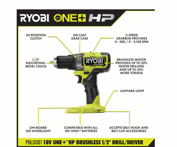 PBLDD01K-PBP004 ONE+ HP 18V Brushless Cordless 2-Tool Combo Kit with Drill/Driver, Batteries, Charger, and Bag with Extra 4.0 Ah Battery - Image 4