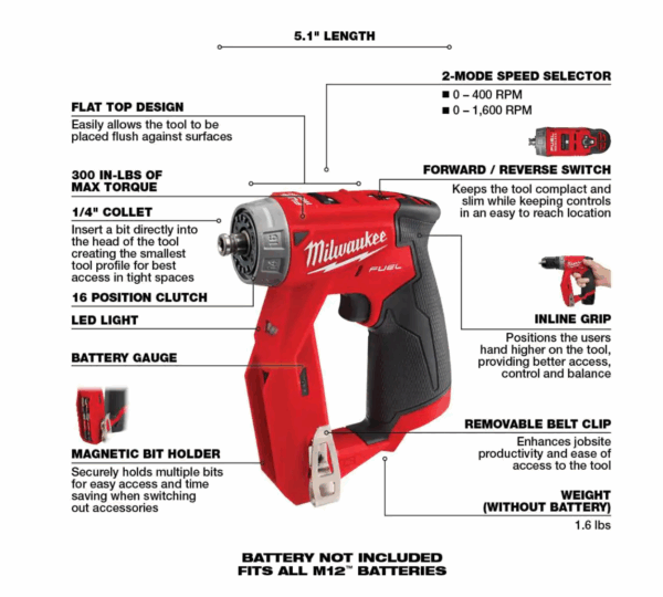 2505-20 M12 FUEL 12-Volt Lithium-Ion Brushless Cordless 4-in-1 Installation 3/8 in. Drill Driver with 4 Tool Head (Tool-Only) - Image 5
