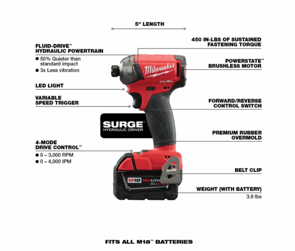 2760-22 M18 FUEL SURGE 18V Lithium-Ion Brushless Cordless 1/4 in. Hex Impact Driver Compact Kit with Two 5.0 Ah Batteries - Image 4