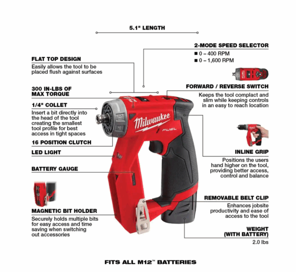 2505-22-PO M12 FUEL 12V Lithium-Ion Brushless Cordless 4-in-1 Installation 3/8 in. Drill Driver Kit   4-Tool Heads W/PACKOUT - Image 4