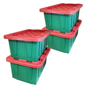 15 Gallon Heavy Duty Holiday Storage Tote, Green/Red (4 Pack)