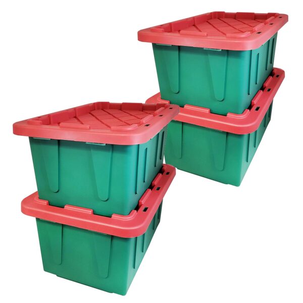 15 Gallon Heavy Duty Holiday Storage Tote, Green/Red (4 Pack)