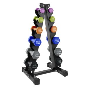 3, 5, 8, 10, 12 & 15 Pound Neoprene Hex Dumbbell Weight & Storage Rack