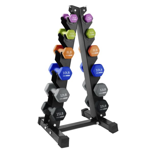 3, 5, 8, 10, 12 & 15 Pound Neoprene Hex Dumbbell Weight & Storage Rack