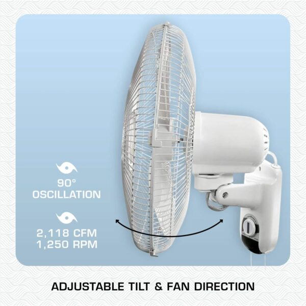 Classic 16 Inch 90 Degree Oscillating 3 Speed Wall Mounted Fan, White - Image 3