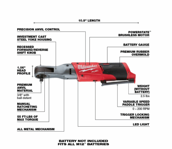 2554-20-2557-20 M12 FUEL 12V Lithium-Ion Brushless Cordless Stubby 3/8 in. Impact Wrench and Ratchet Kit (Tool-Only Kit) - Image 5