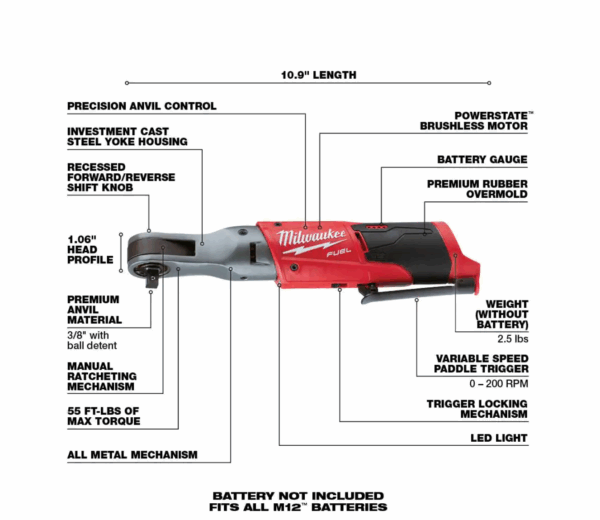 2554-20-2485-20-2557-20 M12 FUEL 12V Lithium-Ion Brushless Cordless Stubby 3/8 in. Impact Wrench / 3/8 in. Ratchet/Die Grinder (3-Tool) - Image 5